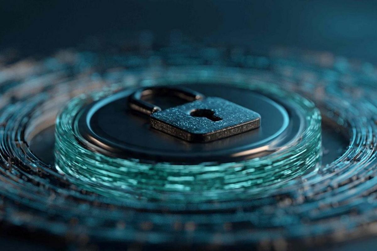 A metal padlock resting on a glowing blue circuit-like disc.