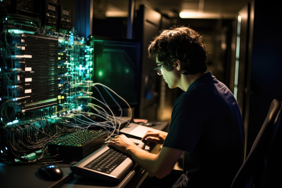 IT Technician working in data room.