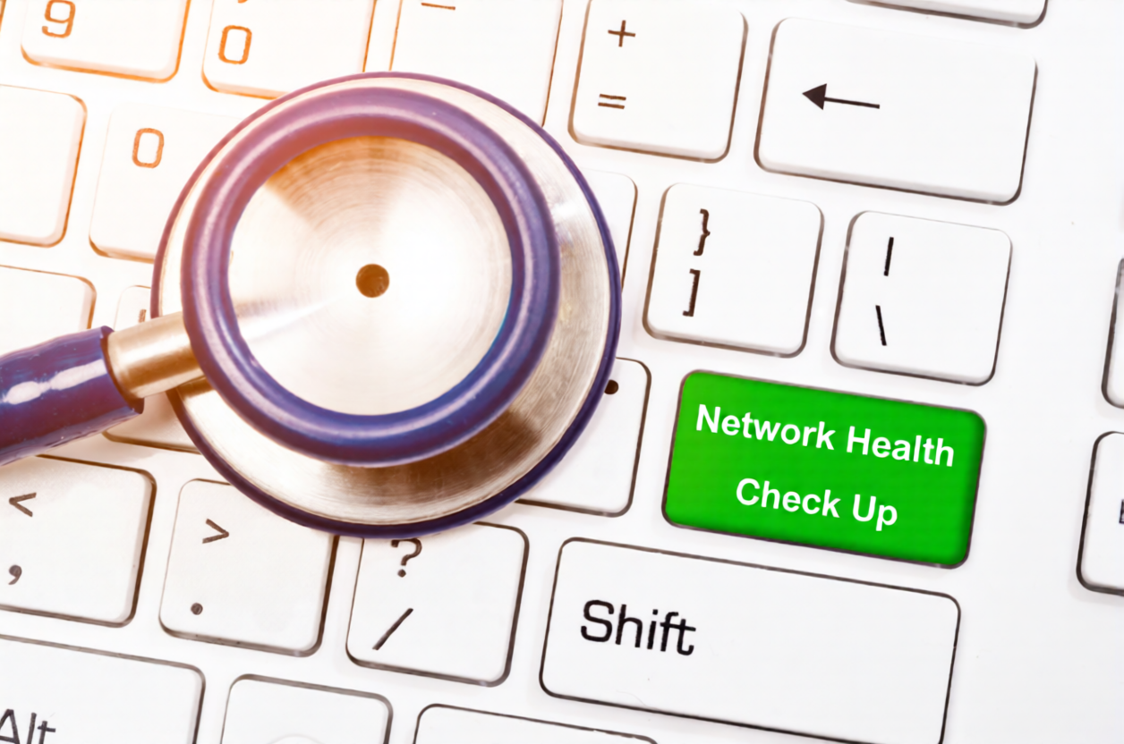 A stethoscope rests on a computer keyboard with a green key labeled 'Network Health Check Up' symbolizing network diagnostics and tech health.