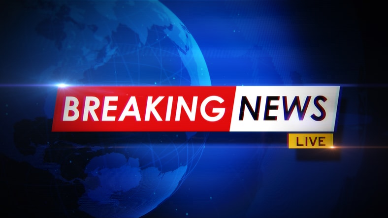 Breaking news title on world map over blue background. Breaking news concept. Horizontal composition with copy space. Front view.